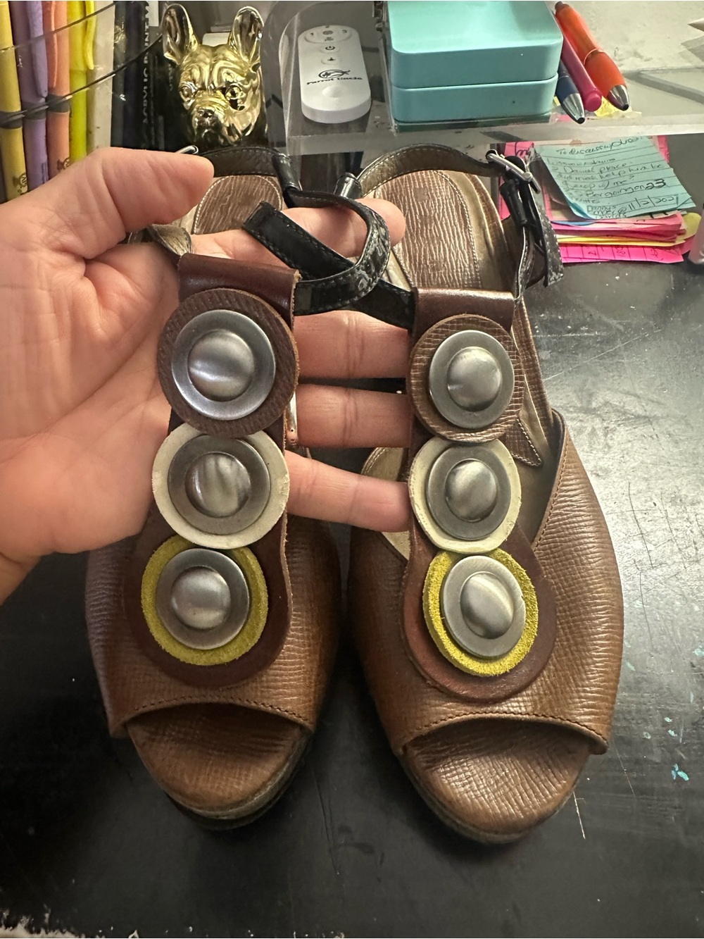 Marni Vintage Brown Leather Solid Block Wedge Sandals Decorative Metal Discs 10